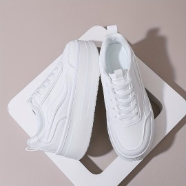 [Chunky Sneakers] Comfortable Chunky Platform Sneakers | Women’s White Shoes, Lace-Up Casual Style, PU Cover Upper & TPR Sole - Perfect for Casual Attire, Students & Short Women, High Top Sneakers