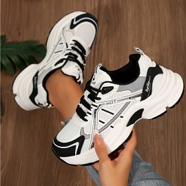 One Size Smaller Women's Minimalist Black and White Thick-Sole Lace-Up Sneakers, Breathable Mesh Material, Comfortable for Daily Wear and Light Sports