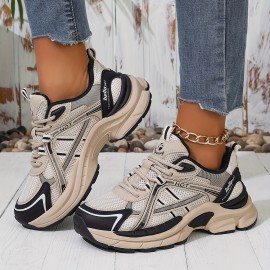 One Size Smaller Women's Minimalist Black and White Thick-Sole Lace-Up Sneakers, Breathable Mesh Material, Comfortable for Daily Wear and Light Sports