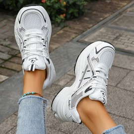 One Size Smaller Women's Minimalist Black and White Thick-Sole Lace-Up Sneakers, Breathable Mesh Material, Comfortable for Daily Wear and Light Sports