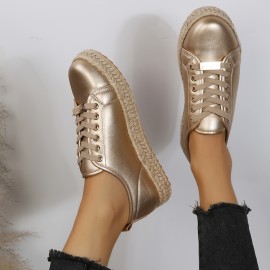 New Women's Golden Casual Sneakers - Versatile Lace-Up Low-Top Design with PU Cover Upper & Breathable Mesh Lining, Comfortable TPR Sole for All-Season Wear, Perfect for Everyday Outfits & Casual Outings, Outfit Complements, Plain Shoe Style, Durable Footwear