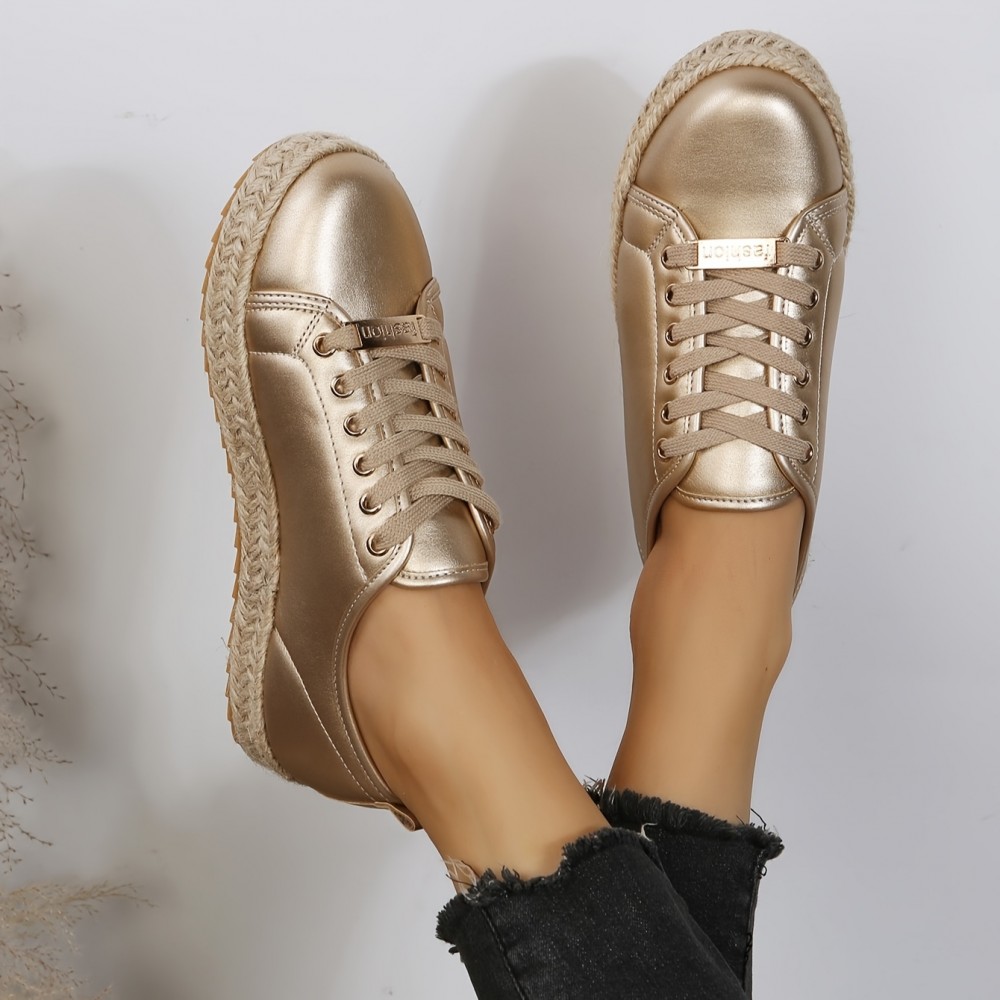 New Women's Golden Casual Sneakers - Versatile Lace-Up Low-Top Design with PU Cover Upper & Breathable Mesh Lining, Comfortable TPR Sole for All-Season Wear, Perfect for Everyday Outfits & Casual Outings, Outfit Complements, Plain Shoe Style, Durable Footwear