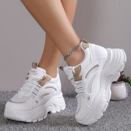 Women's Solid Color Mesh Sneakers, Lace Up Low-top Round Toe Heightening Thick Sole Trainers, Versatile Comfy Shoes