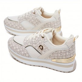 Dési Women's Low-Top Lace-Up Sneakers - Black & Golden Geometric Pattern Design, Breathable Fabric & PU Cover Upper, Cushioned PVC Sole for All-Season Comfort, Casual Running Shoes for Casual Attire