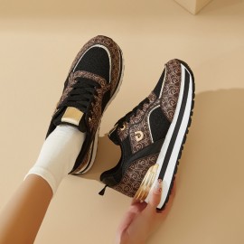 Dési Women's Low-Top Lace-Up Sneakers - Black & Golden Geometric Pattern Design, Breathable Fabric & PU Cover Upper, Cushioned PVC Sole for All-Season Comfort, Casual Running Shoes for Casual Attire