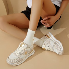 Dési Women's Low-Top Lace-Up Sneakers - Black & Golden Geometric Pattern Design, Breathable Fabric & PU Cover Upper, Cushioned PVC Sole for All-Season Comfort, Casual Running Shoes for Casual Attire