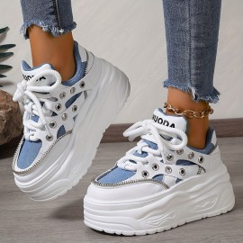 Women's Chunky Platform Sneakers - Mid Top EVA Lace-up Fashion Shoes with Round Toe, Fabric Upper & Lining, Polyurethane Sole for All-Season Comfort