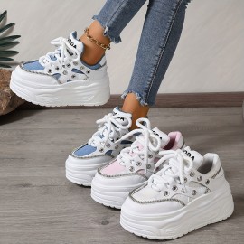 Women's Chunky Platform Sneakers - Mid Top EVA Lace-up Fashion Shoes with Round Toe, Fabric Upper & Lining, Polyurethane Sole for All-Season Comfort