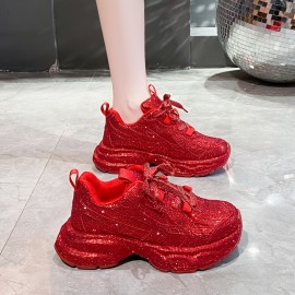 New Women'S Fashion Sneakers - Thick Sole, Lace-Up, Round Toe, Fabric Upper, Rubber Sole, Synthetic Insole, All-Season Casual Shoes with Crystal Embellishments - Perfect for Holiday Parties & Casual Attire, Casual Footwear | Stylish Laceup Shoes | Durable Rubber Sole, Glitter Sneakers For Women, Red Sneakers For Women, Platform Sneakers For Women, Shiny Sneakers For Women, Fashionable Sneakers For Women, Platform Sneaker For Women