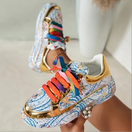 Women'S Rhinestone-Embellished Low-Top Sneakers - Sparkling Round-Toe Lace-Up Casual Shoes with Durable Rubber Sole, All-Season Comfort & Retro Cartoon Graffiti Design, Synthetic Cover Upper & Fabric Lining for Casual Attire, Label Wearers | Hook and Loop Closures, Delicate Shoe Charm, Geometric Pattern of Style, Holiday Charm, Exquisite Popular Style, Synthetic Material Suitable