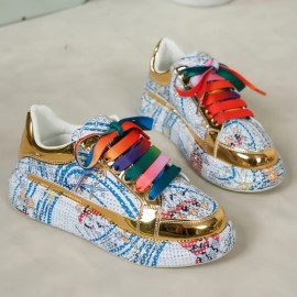 Women'S Rhinestone-Embellished Low-Top Sneakers - Sparkling Round-Toe Lace-Up Casual Shoes with Durable Rubber Sole, All-Season Comfort & Retro Cartoon Graffiti Design, Synthetic Cover Upper & Fabric Lining for Casual Attire, Label Wearers | Hook and Loop Closures, Delicate Shoe Charm, Geometric Pattern of Style, Holiday Charm, Exquisite Popular Style, Synthetic Material Suitable