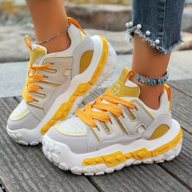 Women'S Chunky Gray & Purple Sneakers - Casual Lace-Up Sneakers with Thick Rubber Sole, Fashionable Low-Top Design, All-Season Wear