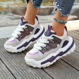 Women'S Chunky Gray & Purple Sneakers - Casual Lace-Up Sneakers with Thick Rubber Sole, Fashionable Low-Top Design, All-Season Wear