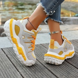 Women'S Chunky Gray & Purple Sneakers - Casual Lace-Up Sneakers with Thick Rubber Sole, Fashionable Low-Top Design, All-Season Wear