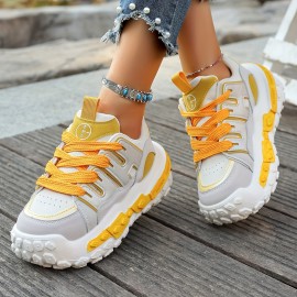 Women'S Chunky Gray & Purple Sneakers - Casual Lace-Up Sneakers with Thick Rubber Sole, Fashionable Low-Top Design, All-Season Wear