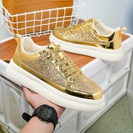 Women'S Golden Glitter Sneakers - Breathable Mesh Low-Top Casual Shoes with Non-Slip Rubber Sole, Comfortable Soft Fabric Lining for Outdoor Running, Tennis, and Casual Attire, Ladies Sneakers