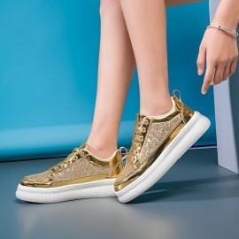 Women'S Golden Glitter Sneakers - Breathable Mesh Low-Top Casual Shoes with Non-Slip Rubber Sole, Comfortable Soft Fabric Lining for Outdoor Running, Tennis, and Casual Attire, Ladies Sneakers