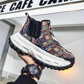 Men'S All-Season Hiking Shoes - Slip-On/Lace-Up Closure, Breathable Fabric Upper & Non-Slip PVC Outsole, Mid-Calf Support for Outdoor, Gym, Everyday - Beige/Blue/Black/Red/White/ - Durable Trekking Shoes for Men, Outdoor Footwear, Geometric Pattern, Secure Fit, Versatile Footwear, Active Lifestyle, Shoe For Men High Quality