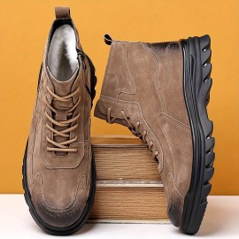 Men'S High-Top Faux Motorcycle Boots with Thick Rubber Sole, Warm Lining, and Side Zipper - Versatile for All Seasons, Casual Style, Brown, Casual Boots|Stylish High Top Boots|Rubber Sole Boots