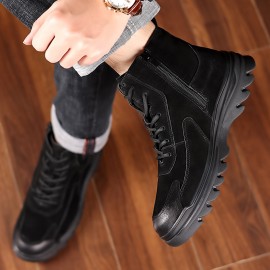 Men'S High-Top Faux Motorcycle Boots with Thick Rubber Sole, Warm Lining, and Side Zipper - Versatile for All Seasons, Casual Style, Brown, Casual Boots|Stylish High Top Boots|Rubber Sole Boots