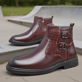 Men'S Ankle Boots - Slip-On Zipper & Buckle Closure, Synthetic Cover Upper, Cushioned Insole & Non-Slip Rubber Sole - All-Season Formal & Casual Shoes for Office, Everyday, Outdoor - Brown Boots for Fall/Winter - Easy-Clean Footwear, Office Wear, Sleek Design, Durable Construction, Urban Style, Everyday Footwear, Modern Footwear, Comfortable Lining, Professional Attire, Men Shoe, Shoe For Men High Quality, Men' Shoe, Winter Shoe For Men, Formal Shoe For Men