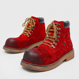 Vintage-Inspired • Distressed Red Chunky Platform Boots • Unisex Lace-Up Ankle Boots with Thick Rubber Sole & Fabric Upper • All-Season Casual & Party Wear