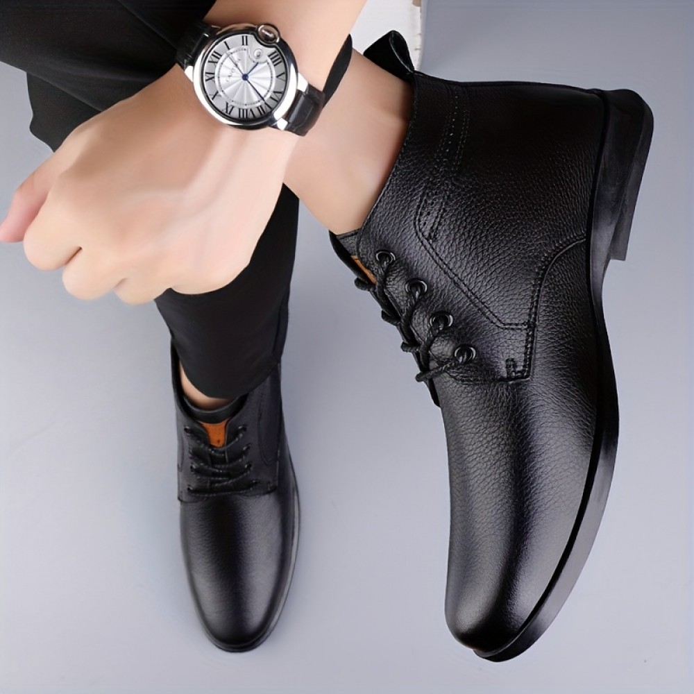 [Retro Ankle Boots] Retro Style Men's Lace-Up Ankle Boots | Solid Color PU Synthetic Upper, Rubber Sole & Breathable Fabric Insole, All-Season Versatile for Semi-Formal & Casual Wear