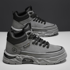 Men's All-Season High-Top Casual Sneakers - Fashionable & Versatile, Lace-Up with Letter Print Design, Durable PU Material for Outdoor, Hiking & Casual Attire