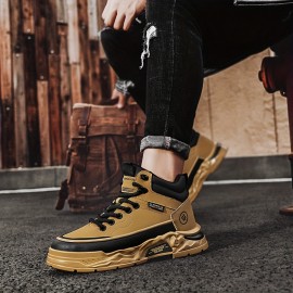 Men's All-Season High-Top Casual Sneakers - Fashionable & Versatile, Lace-Up with Letter Print Design, Durable PU Material for Outdoor, Hiking & Casual Attire