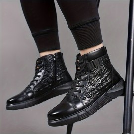 Men's Genuine Leather Crocodile-Texture Boots - Full-Grain Cowhide Winter Snow Boots with Zipper/Tie Closure, Short Ankle for Ice & Snow, Brown (Casual/Wedding/Outdoor) - Warm Rubber Sole & Round Toe