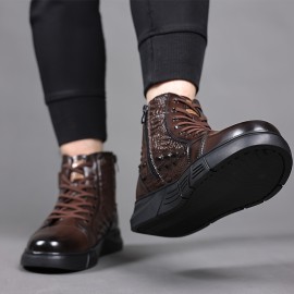 Men's Genuine Leather Crocodile-Texture Boots - Full-Grain Cowhide Winter Snow Boots with Zipper/Tie Closure, Short Ankle for Ice & Snow, Brown (Casual/Wedding/Outdoor) - Warm Rubber Sole & Round Toe