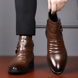 Men'S Business Formal Short Boots, Retro Carved Buckle and Convenient Side Zipper Design, Embossed Pattern on the Shoe Surface, Suitable for 11 Festivals, Fashionable Pointed Toe Ankle Boots for Weddings and Formal Occasions, Casual Dress Shoe For Men, Cowboy Boot For Men, Ankle Boot For Men, Snow Boot For Men, Men'S Medium-length Lightweight Boots