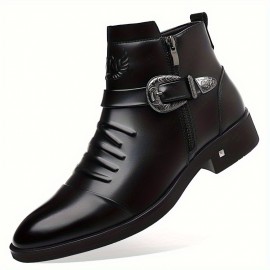 Men'S Business Formal Short Boots, Retro Carved Buckle and Convenient Side Zipper Design, Embossed Pattern on the Shoe Surface, Suitable for 11 Festivals, Fashionable Pointed Toe Ankle Boots for Weddings and Formal Occasions, Casual Dress Shoe For Men, Cowboy Boot For Men, Ankle Boot For Men, Snow Boot For Men, Men'S Medium-length Lightweight Boots