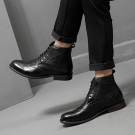 Men'S British Style Brogue High-Top Boots - Soft Faux Upper, Non-Slip Rubber Sole, Lace-Up Mid-Calf Boots for All-Season Casual & Formal Wear, Durable & Comfortable Design, Formal Footwear, Classic Round Toe, Durable Footwear, Men Boot, Boot For Men Suit, Men Thermal Dress Boot, Fleece-lined Insoles, Cold-weather Fleece-lined Jeans, Men Dress Shoe, Men Boots, Men Shoe