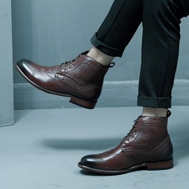 Men'S British Style Brogue High-Top Boots - Soft Faux Upper, Non-Slip Rubber Sole, Lace-Up Mid-Calf Boots for All-Season Casual & Formal Wear, Durable & Comfortable Design, Formal Footwear, Classic Round Toe, Durable Footwear, Men Boot, Boot For Men Suit, Men Thermal Dress Boot, Fleece-lined Insoles, Cold-weather Fleece-lined Jeans, Men Dress Shoe, Men Boots, Men Shoe