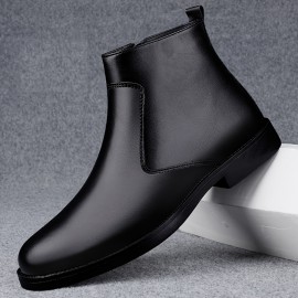 Men's Mid-Calf Boots - Stylish Retro Ankle Boots with Zipper Closure, Glossy Upper & Slip-Resistant Rubber Sole, Black Versatile Boots for Casual & Formal Outfits, Sleek Boot Design