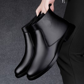 Men's Mid-Calf Boots - Stylish Retro Ankle Boots with Zipper Closure, Glossy Upper & Slip-Resistant Rubber Sole, Black Versatile Boots for Casual & Formal Outfits, Sleek Boot Design