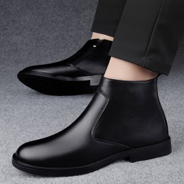 Men's Mid-Calf Boots - Stylish Retro Ankle Boots with Zipper Closure, Glossy Upper & Slip-Resistant Rubber Sole, Black Versatile Boots for Casual & Formal Outfits, Sleek Boot Design