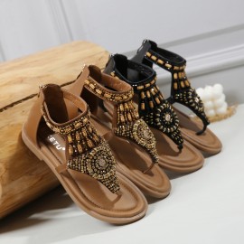 Summer Bohemian Retro Beaded Wedge Sandals - Versatile Vacation Beach Ethnic Style Women's Shoes