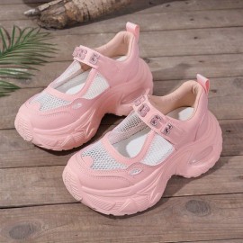 [Casual Attire] Breathable Mesh Mary Jane Shoes - Women's Summer Casual Sneakers with Thick Cushioned Sole, Closure & Round Toe - White & Pink
