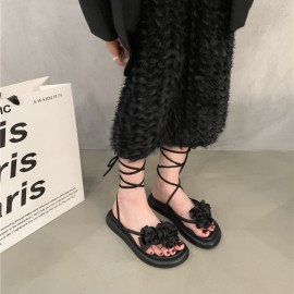 Women's Plus Size Roman Sandals - Black Synthetic Cover Adjustable Lace-Up Open-Toe Flat Sandals with Decorative Bow Accents, Comfortable Rubber Sole for Casual & Formal Occasions, Versatile Fashion Footwear | Crisscross Strap Design | Durable Footwear Construction, Strappy Sandals