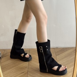 Stylish Women'S Black Fabric Flat Sandals with Zipper Closure and Open Toe Design - Chic Thong Style, Comfortable Rubber Sole, Perfect for Casual Attire