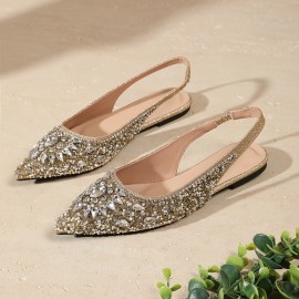 3638-1 Summer Elegant Luxury Women's Golden Silvery Rhinestone Open Back Flat Toe Studded Walking Party Commute Office Sandals