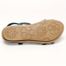 Summer Beach Sandals, Tribal Style Striped Flats for Women with Rhinestone Accents, Open Toe Slip-on, TPR Sole, Bohemian Casual Vintage Flat Heel Shoes