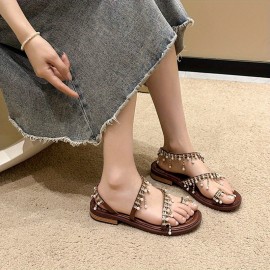 Women's Slip-On Open-Toe Sandals with & Bead Embellishments - Synthetic Cover Upper, Comfortable Low Heel, Durable Rubber Sole for Casual & Formal Wear, Stylish Outdoor Sandals | Bead Details | Elegant Design, Strappy Sandals