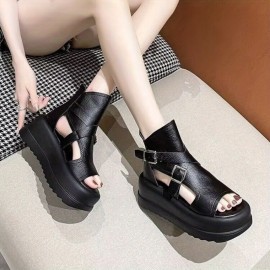 Women'S Fashionable Thick Sole Sandals - Beige, Open-Toe, Buckle Closure, Flat Heel, Synthetic Upper & Insole, Rubber Sole, Casual Footwear|Buckle Closure Sandals|Rubber Sole Sandals