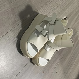 Women'S Fashionable Thick Sole Sandals - Beige, Open-Toe, Buckle Closure, Flat Heel, Synthetic Upper & Insole, Rubber Sole, Casual Footwear|Buckle Closure Sandals|Rubber Sole Sandals