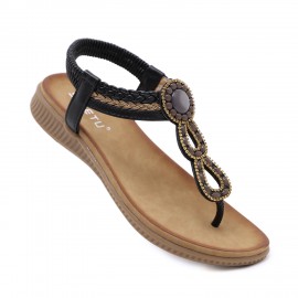Summer Bohemian Toe - post Sandals for Women, Beaded Braided Thick - soled Retro Ethnic - style Casual Beach Shoes