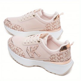 Desai Women'S Breathable Mesh Sneakers with Thick Cushioned PVC Sole - Lightweight Low-Top Lace-Up Running Shoes, All-Season Casual Outdoor Shoes in Beige & White, Ladies Sneakers, Comfortable Fabric Insole