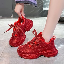 New Women'S Fashion Sneakers - Thick Sole, Lace-Up, Round Toe, Fabric Upper, Rubber Sole, Synthetic Insole, All-Season Casual Shoes with Crystal Embellishments - Perfect for Holiday Parties & Casual Attire, Casual Footwear | Stylish Laceup Shoes | Durable Rubber Sole, Glitter Sneakers For Women, Red Sneakers For Women, Platform Sneakers For Women, Shiny Sneakers For Women, Fashionable Sneakers For Women, Platform Sneaker For Women